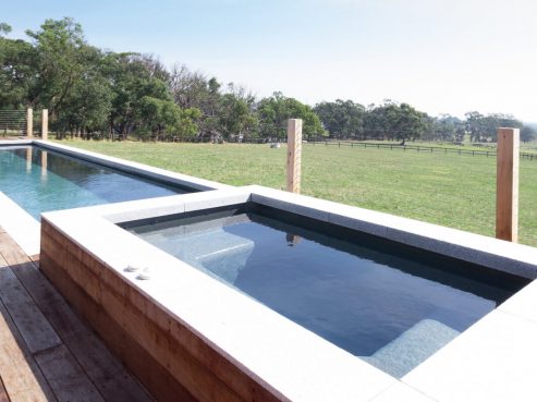 Pool with a self standing X Trainer Spa with a beautiful timber deck